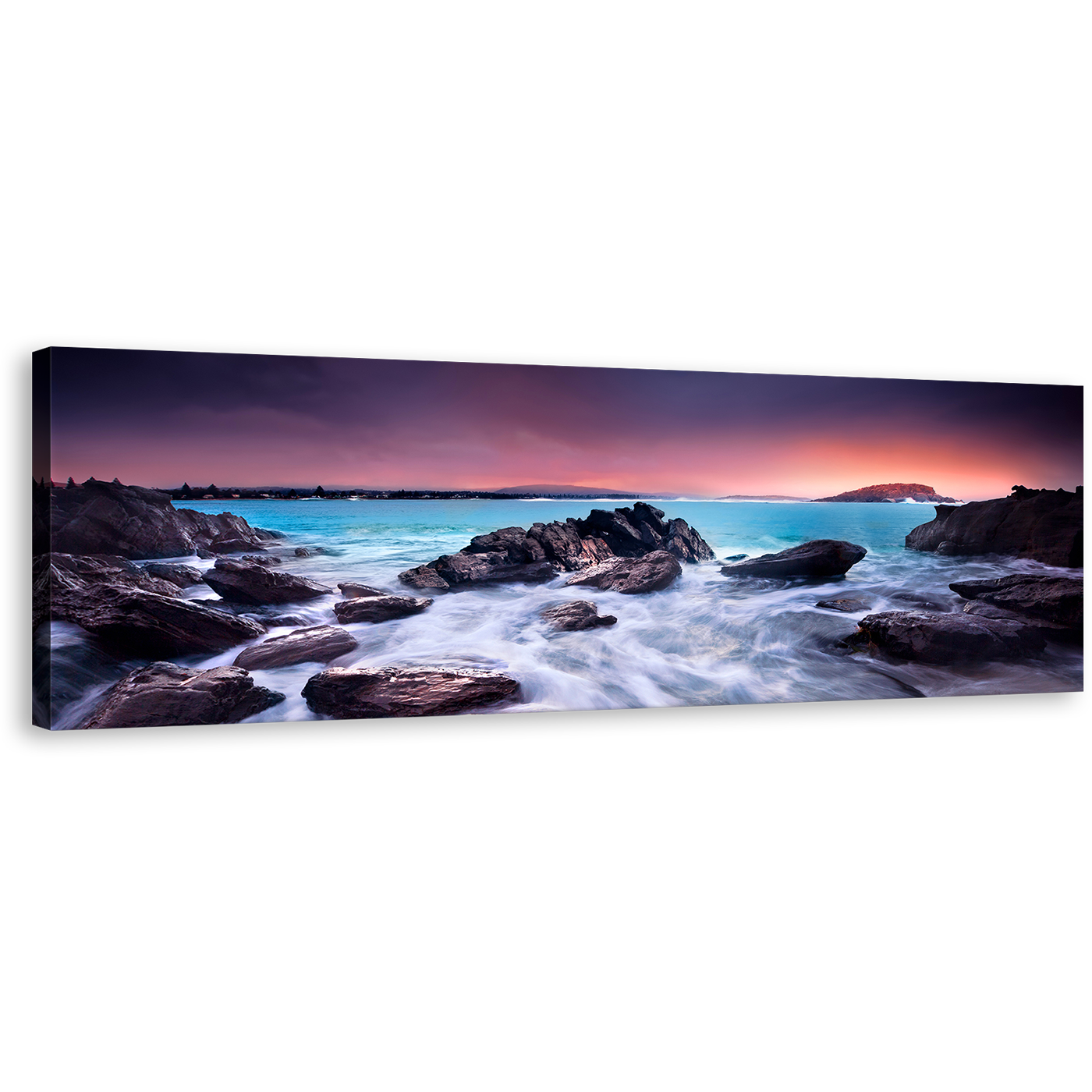 Australian Beach Wall Art, Australian Brown Sea Boulders Canvas Print, Blue Ocean Rocks Panoramic Canvas Art