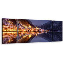 Load image into Gallery viewer, Austria Lake Canvas Wall Art, Salzkammergut Mountains Reflection at Sunset 3 Piece Canvas Print, Hallstatt Gold City Lights Triptych Multi Canvas Artwork, Boots in Grey Lake Canvas Set
