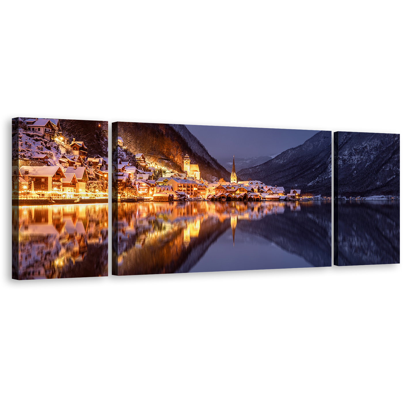 Austria Lake Canvas Wall Art, Salzkammergut Mountains Reflection at Sunset 3 Piece Canvas Print, Hallstatt Gold City Lights Triptych Multi Canvas Artwork, Boots in Grey Lake Canvas Set