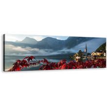 Load image into Gallery viewer, Austria Landscape Wall Art, Lake Hallstatter See Red Flowers 1 Piece Canvas Print, Grey Hallstatt Mountain River Canvas Art
