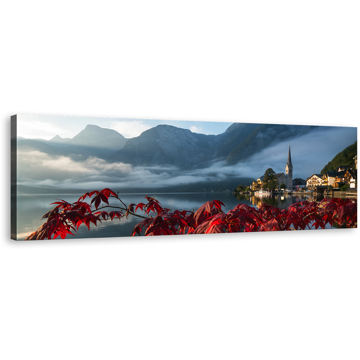 Austria Landscape Wall Art, Lake Hallstatter See Red Flowers 1 Piece Canvas Print, Grey Hallstatt Mountain River Canvas Art