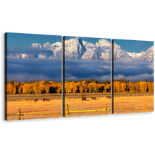 Load image into Gallery viewer, Autumn Foliage Canvas Wall Art, Blue Sky Snowy Mountain Canvas Print, Orange Grand Tetons Range Multi Canvas, Beautiful Trees Houses Landscape 3 Piece Canvas
