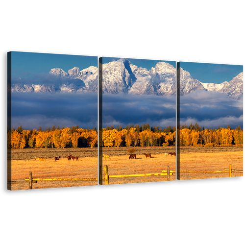 Autumn Foliage Canvas Wall Art, Blue Sky Snowy Mountain Canvas Print, Orange Grand Tetons Range Multi Canvas, Beautiful Trees Houses Landscape 3 Piece Canvas