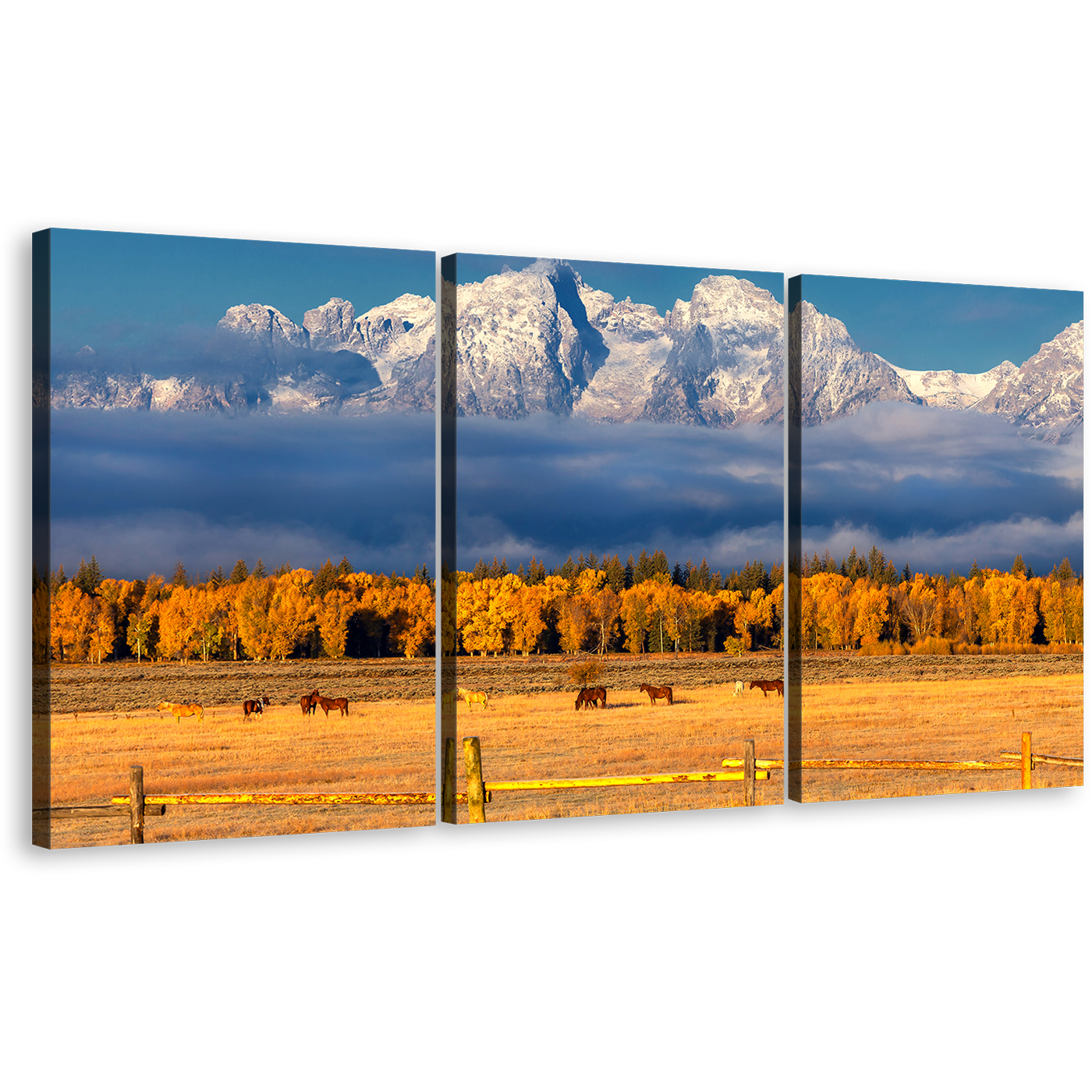 Autumn Foliage Canvas Wall Art, Blue Sky Snowy Mountain Canvas Print, Orange Grand Tetons Range Multi Canvas, Beautiful Trees Houses Landscape 3 Piece Canvas