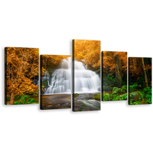 Load image into Gallery viewer, Autumn Forest Canvas Print, Beautiful White Waterfall Scenery 5 Piece Multiple Canvas, Orange Green Autumn Trees Waterfall Wall Art
