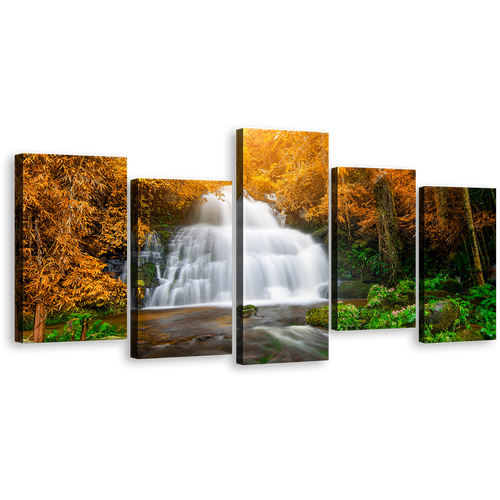 Autumn Forest Canvas Print, Beautiful White Waterfall Scenery 5 Piece Multiple Canvas, Orange Green Autumn Trees Waterfall Wall Art