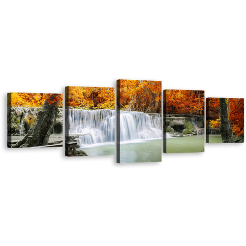 Autumn Forest Canvas Print, Thailand Orange Trees 5 Piece Wall Art, Mountain Waterfall Green Lake River Multiple Canvas