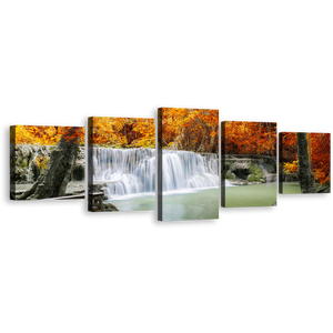 Autumn Forest Canvas Print, Thailand Orange Trees 5 Piece Wall Art, Mountain Waterfall Green Lake River Multiple Canvas