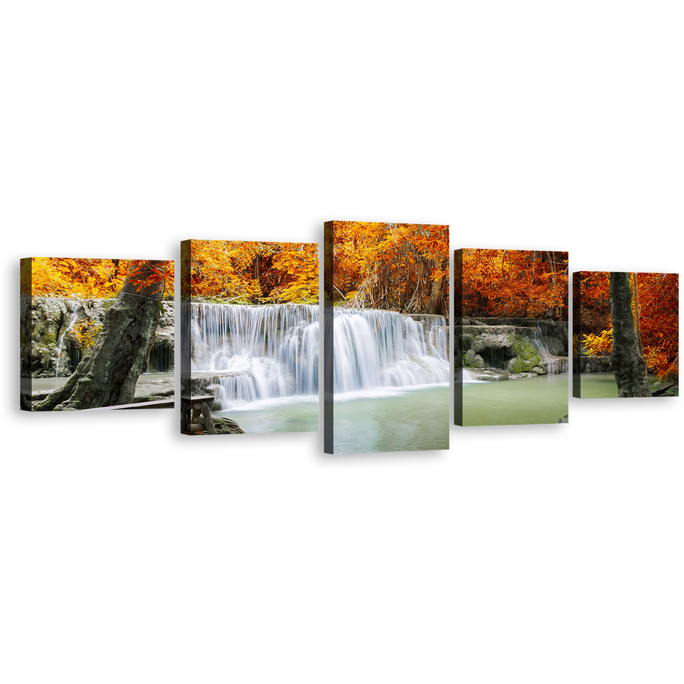 Autumn Forest Canvas Print, Thailand Orange Trees 5 Piece Wall Art, Mountain Waterfall Green Lake River Multiple Canvas