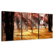 Load image into Gallery viewer, Autumn Forest Canvas Print, Yellow Fields Sun Rays Scenery 3 Piece Canvas Wall Art, Beautiful Red Trees Scenic Forest Triptych Multi Canvas
