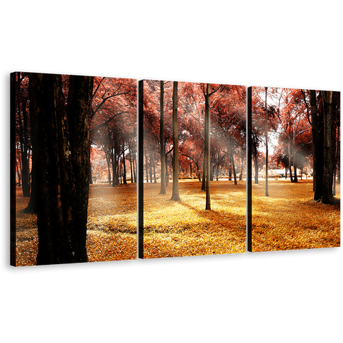 Autumn Forest Canvas Print, Yellow Fields Sun Rays Scenery 3 Piece Canvas Wall Art, Beautiful Red Trees Scenic Forest Triptych Multi Canvas