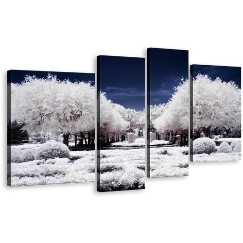 Autumn Forest Canvas Wall Art, Blue Night Cloudy Sky Scenery 4 Piece Multi Canvas Artwork, Snow Covered White Trees Forest Canvas Print