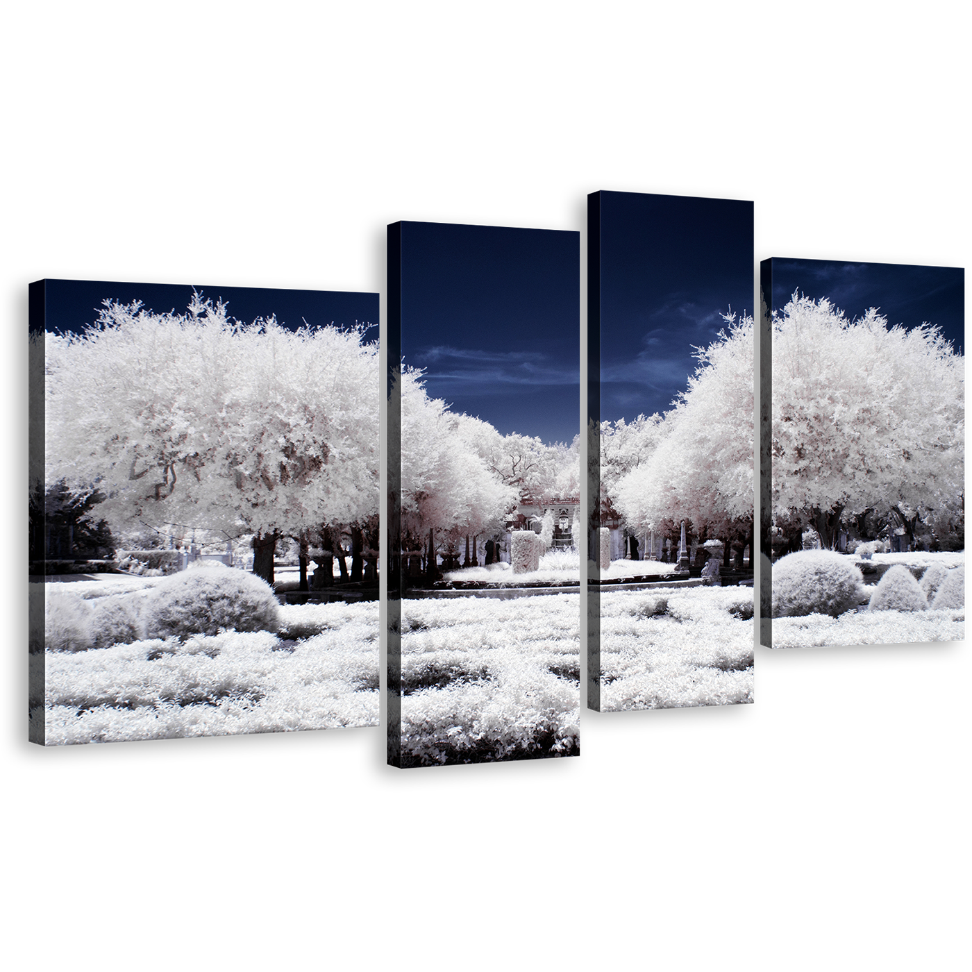 Autumn Forest Canvas Wall Art, Blue Night Cloudy Sky Scenery 4 Piece Multi Canvas Artwork, Snow Covered White Trees Forest Canvas Print