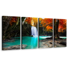 Load image into Gallery viewer, Autumn Forest Canvas Wall Art, Blue Waterfall in Nature 4 Piece Canvas Print, Orange Red Trees Waterfall Scenic Canvas Set
