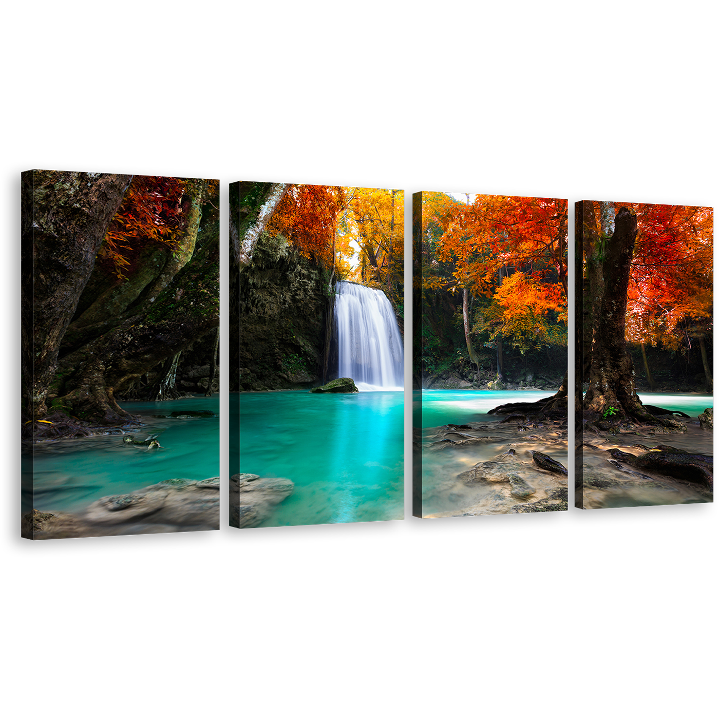 Autumn Forest Canvas Wall Art, Blue Waterfall in Nature 4 Piece Canvas Print, Orange Red Trees Waterfall Scenic Canvas Set