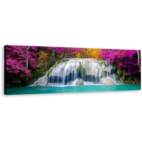 Autumn Forest Canvas Wall Art, Colorful Erawan Falls Scenery Panoramic Canvas Print, Thailand Erawan National Park Wide Canvas