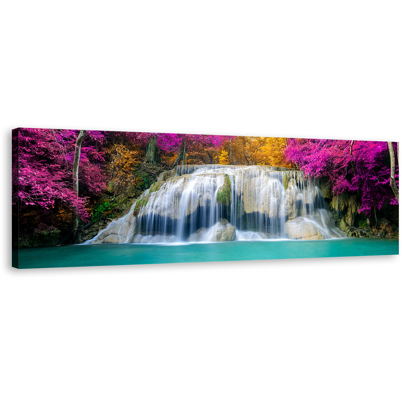 Autumn Forest Canvas Wall Art, Colorful Erawan Falls Scenery Panoramic Canvas Print, Thailand Erawan National Park Wide Canvas