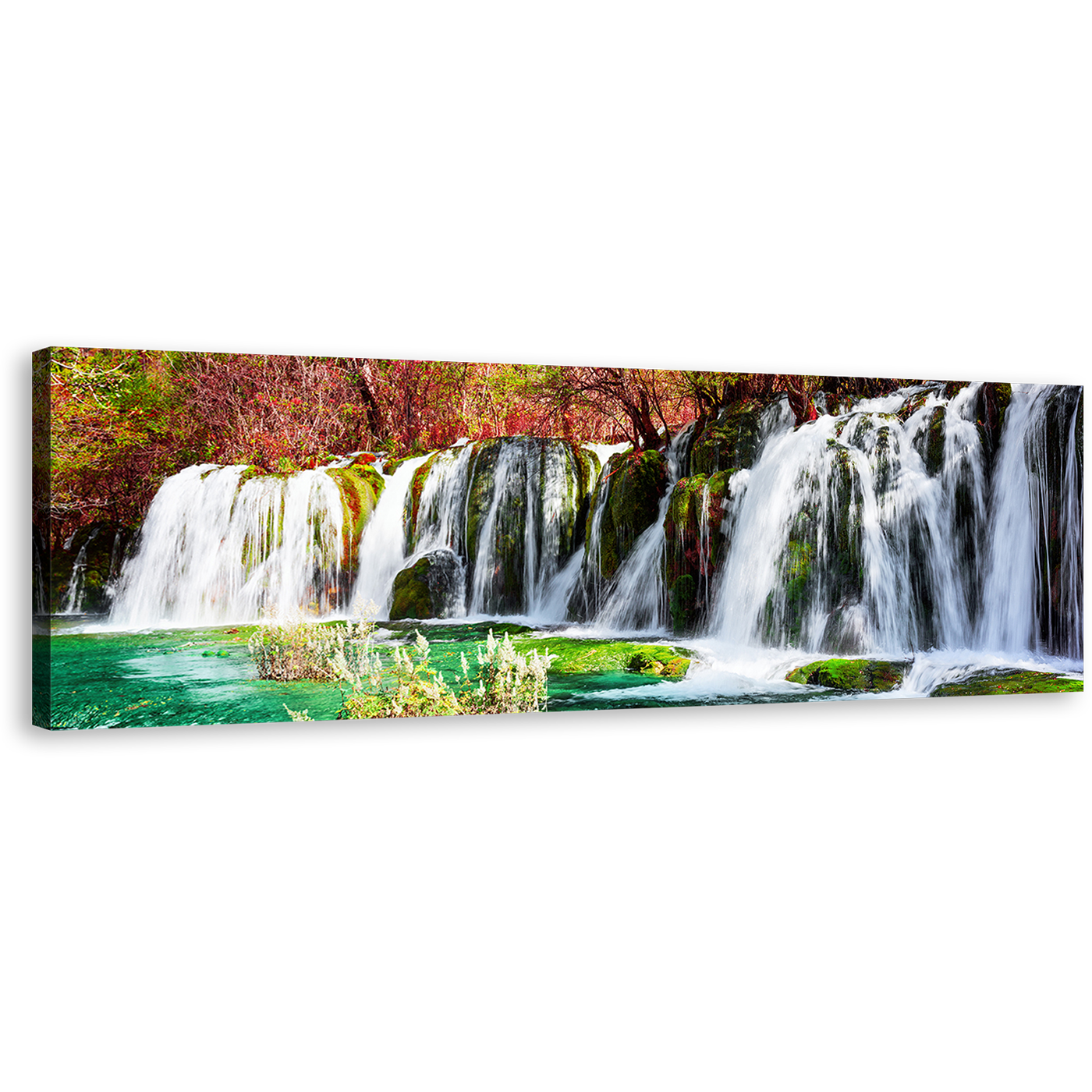 Autumn Forest Canvas Wall Art, Colorful Jiuzhaigou Nature Waterfall 1 Piece Canvas Artwork, Azure Lake Waterfall Canvas Print