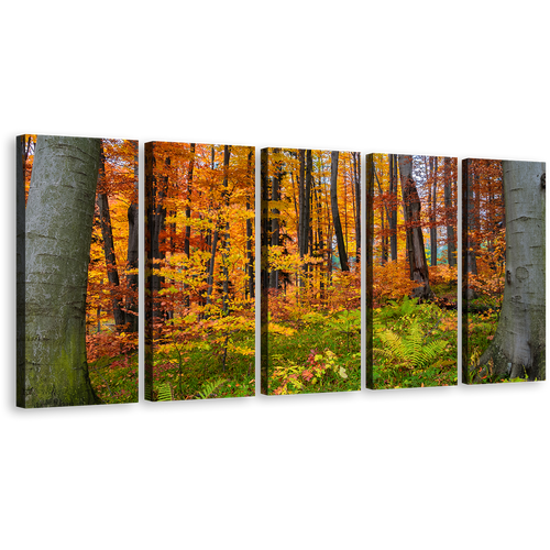 Autumn Forest Canvas Wall Art, Green Forest In Fall Canvas Print, Orange Trees Landscape 5 Piece Canvas