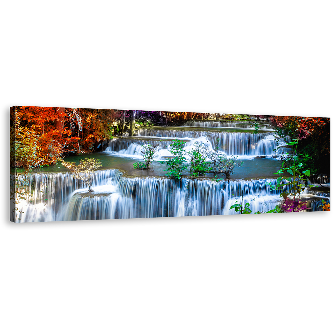 Autumn Forest Canvas Wall Art, Huay Mae Khamin Waterfall 1 Piece Canvas Print, Thailand Colorful Scenery Waterfall Wide Canvas