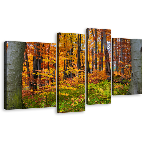 Autumn Forest Canvas Wall Art, Orange Trees Landscape 4 Piece Canvas, Green Forest In Fall Canvas Print