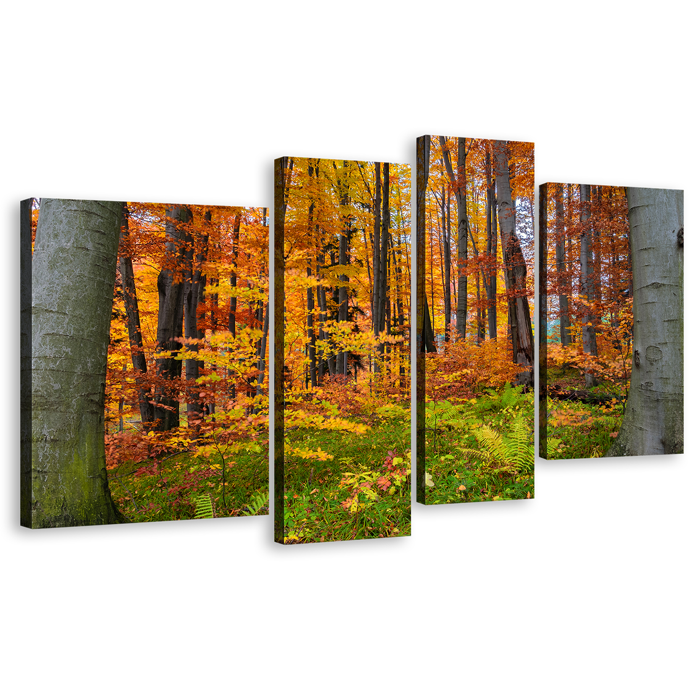 Autumn Forest Canvas Wall Art, Orange Trees Landscape 4 Piece Canvas, Green Forest In Fall Canvas Print