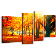 Load image into Gallery viewer, Autumn Forest Canvas Wall Art, Red Autumnal Park Scenery 4 Piece Multi Panel Canvas, Beautiful Yellow Trees Sunbeam Canvas Print
