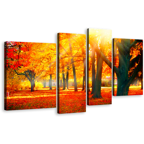 Autumn Forest Canvas Wall Art, Red Autumnal Park Scenery 4 Piece Multi Panel Canvas, Beautiful Yellow Trees Sunbeam Canvas Print