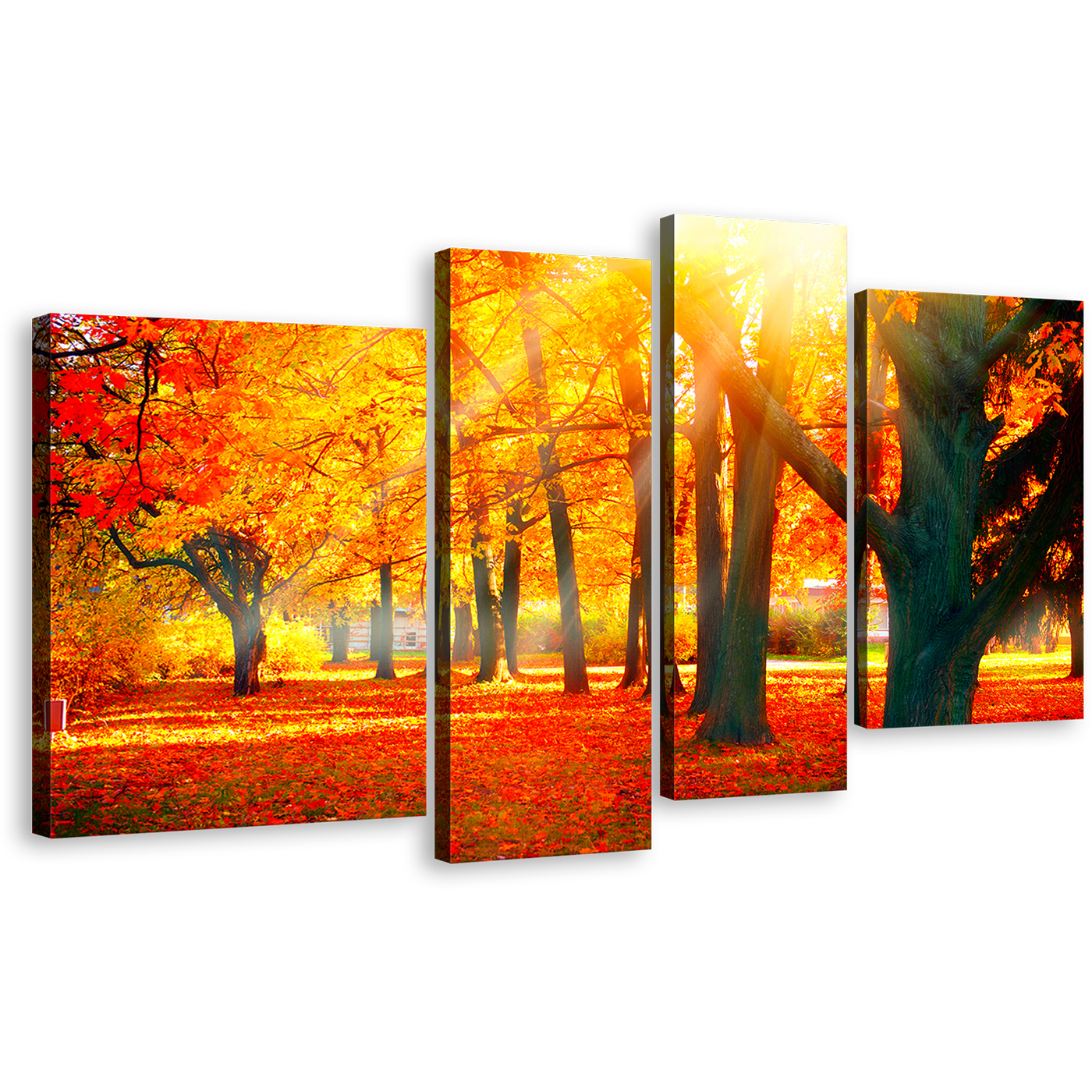 Autumn Forest Canvas Wall Art, Red Autumnal Park Scenery 4 Piece Multi Panel Canvas, Beautiful Yellow Trees Sunbeam Canvas Print