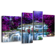 Load image into Gallery viewer, Autumn Forest Canvas Wall Art, Thailand Purple Scenery Waterfall 4 Piece Canvas Print, Blue Huay Mae Khamin Waterfall Multi Canvas
