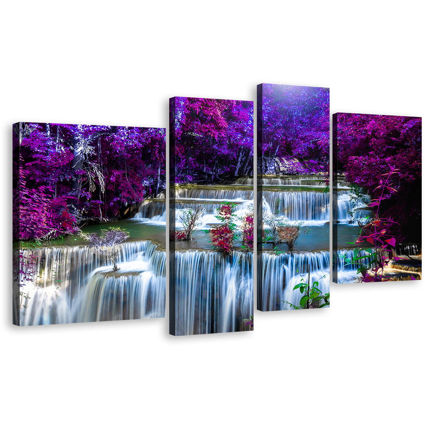 Autumn Forest Canvas Wall Art, Thailand Purple Scenery Waterfall 4 Piece Canvas Print, Blue Huay Mae Khamin Waterfall Multi Canvas