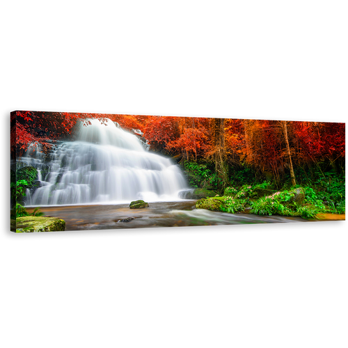 Autumn Forest Canvas Wall Art, Waterfall Streaming Canvas Print, Orange Green Trees Canvas Artwork, White Waterfall River Panorama Canvas