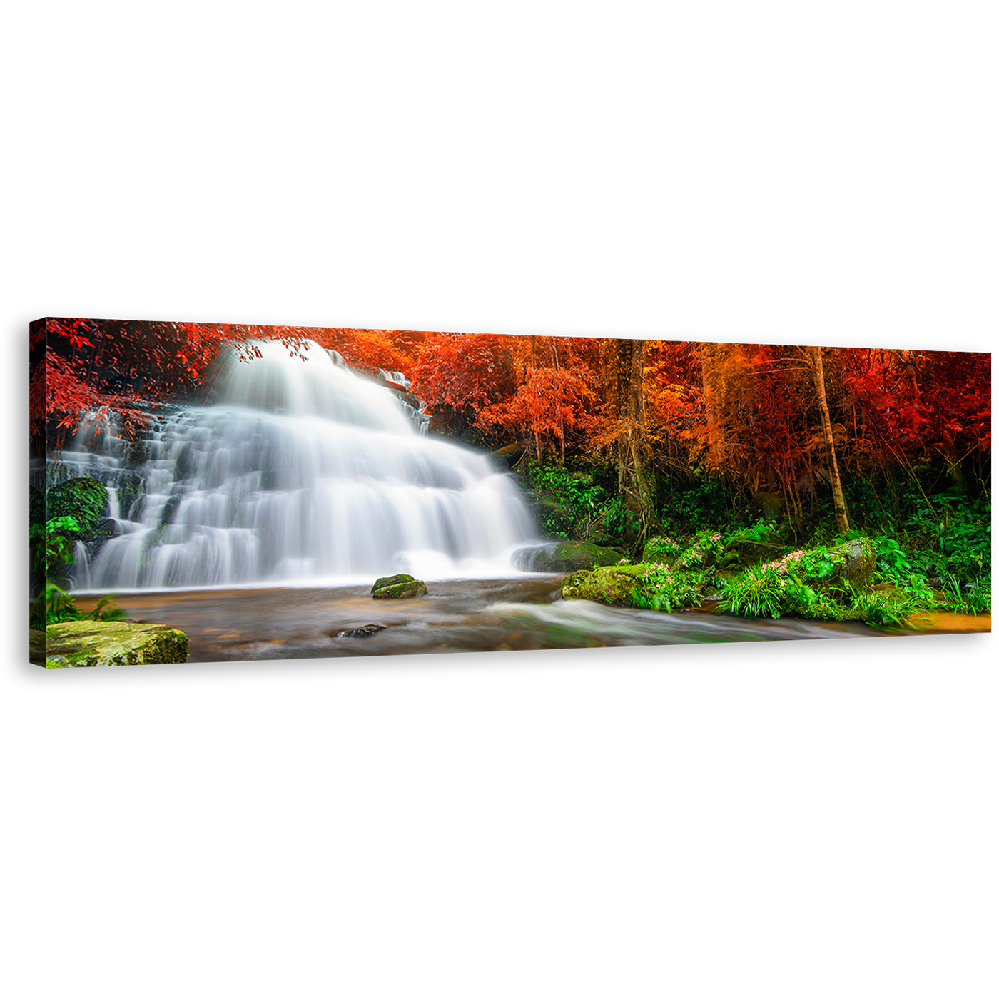 Autumn Forest Canvas Wall Art, Waterfall Streaming Canvas Print, Orange Green Trees Canvas Artwork, White Waterfall River Panorama Canvas