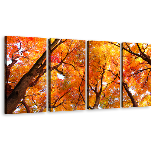 Autumn Forest Wall Art, Red Yellow Trees Forest 4 Piece Canvas Print, Brown Trees Brunches Multiple Canvas