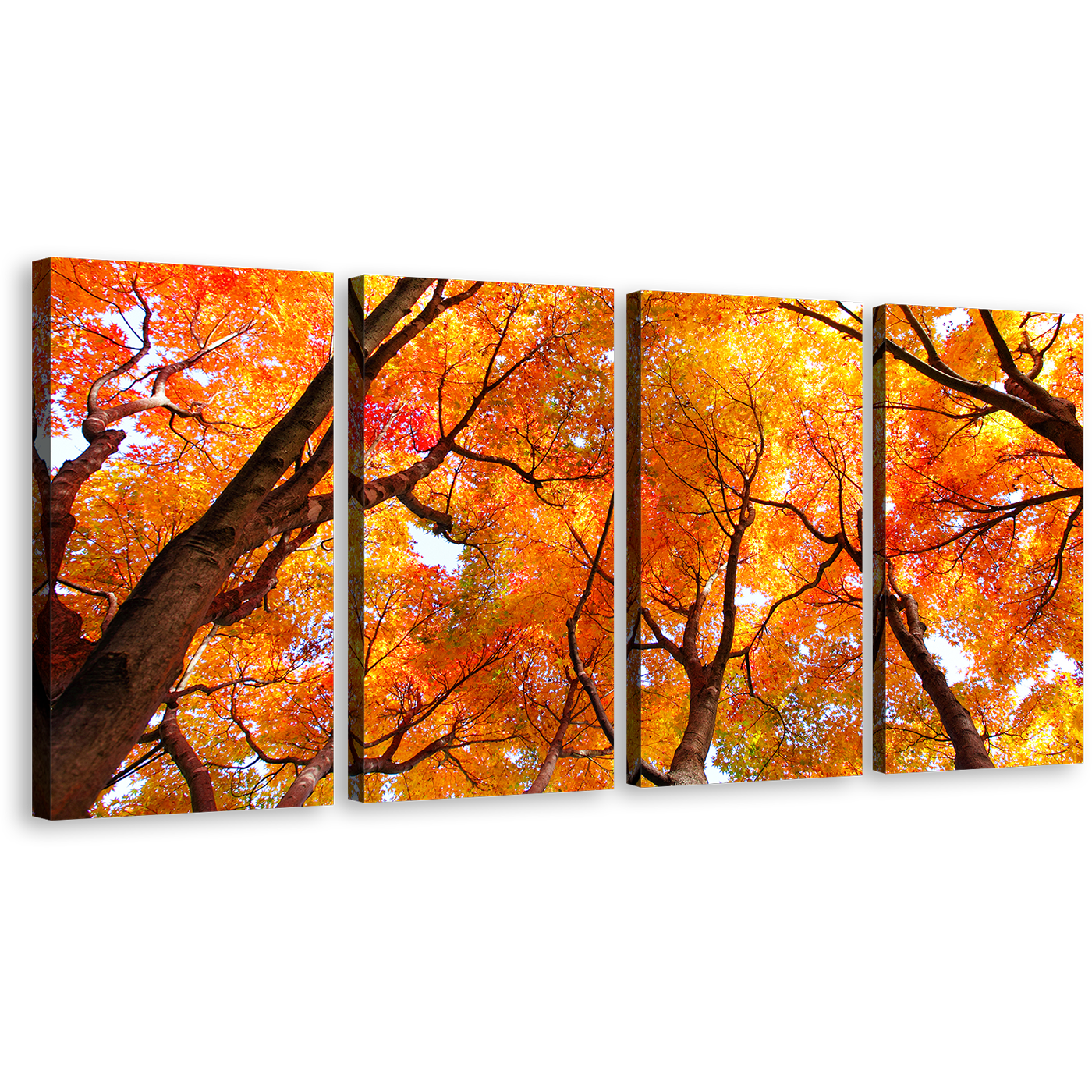 Autumn Forest Wall Art, Red Yellow Trees Forest 4 Piece Canvas Print, Brown Trees Brunches Multiple Canvas