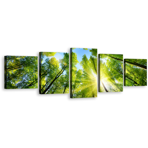 Autumn Forest Wall Art, Yellow Sunrise Sky Nature Multi Canvas, Looking Up Green Trees Branches 5 Piece Canvas Print