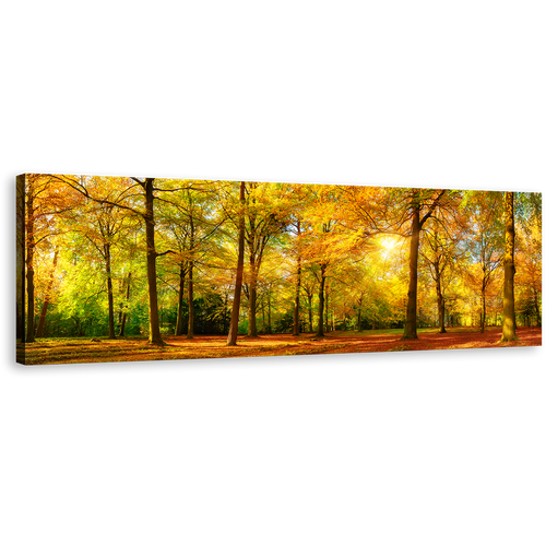 Autumn Landscape Canvas Print, Orange Fields Scenic Autumn Forest 1 Piece Canvas Art, Yellow Sun Casting Forest Canvas Wall Art