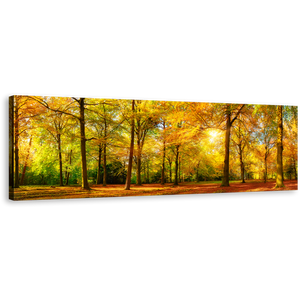 Autumn Landscape Canvas Print, Orange Fields Scenic Autumn Forest 1 Piece Canvas Art, Yellow Sun Casting Forest Canvas Wall Art