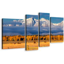 Load image into Gallery viewer, Autumn Landscape Canvas Wall Art, Orange Grand Tetons Autumn Foliage 4 Piece Canvas Print, Blue Cloudy Sky Snow Mountains Multi Canvas
