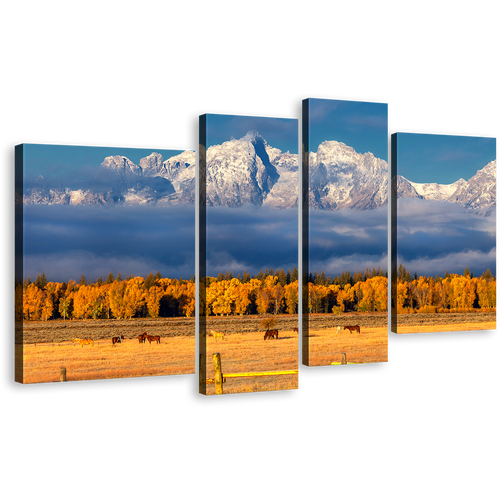 Autumn Landscape Canvas Wall Art, Orange Grand Tetons Autumn Foliage 4 Piece Canvas Print, Blue Cloudy Sky Snow Mountains Multi Canvas