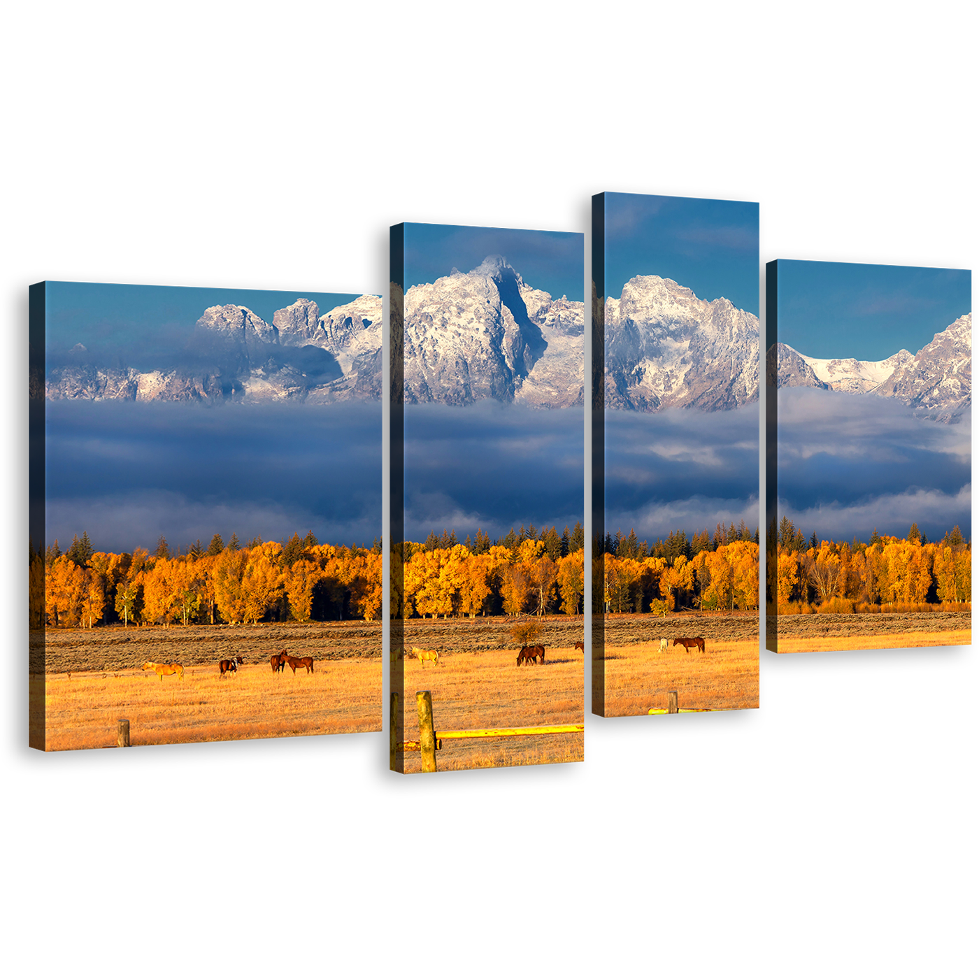 Autumn Landscape Canvas Wall Art, Orange Grand Tetons Autumn Foliage 4 Piece Canvas Print, Blue Cloudy Sky Snow Mountains Multi Canvas