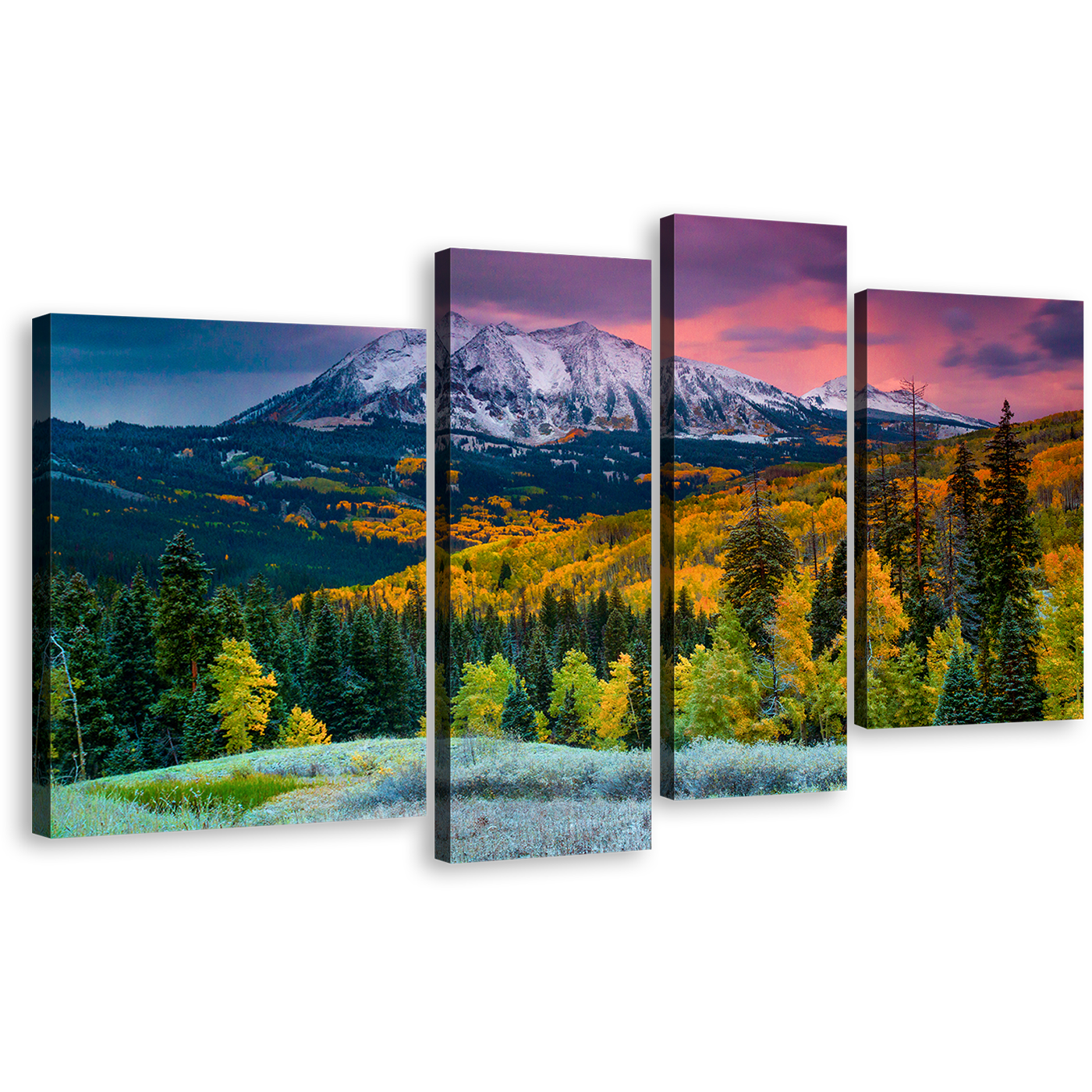 Autumn Landscape Canvas Wall Art, White Fall Mountain 4 Piece Canvas Set, Green East Beckwith Mountain Canvas Print