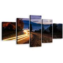 Load image into Gallery viewer, Autumn Landscape Canvas Wall Art, Yellow Car Light Trail 5 Piece Canvas, Countryside Road Blue Mountain Sky Canvas Print
