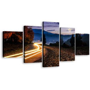 Autumn Landscape Canvas Wall Art, Yellow Car Light Trail 5 Piece Canvas, Countryside Road Blue Mountain Sky Canvas Print