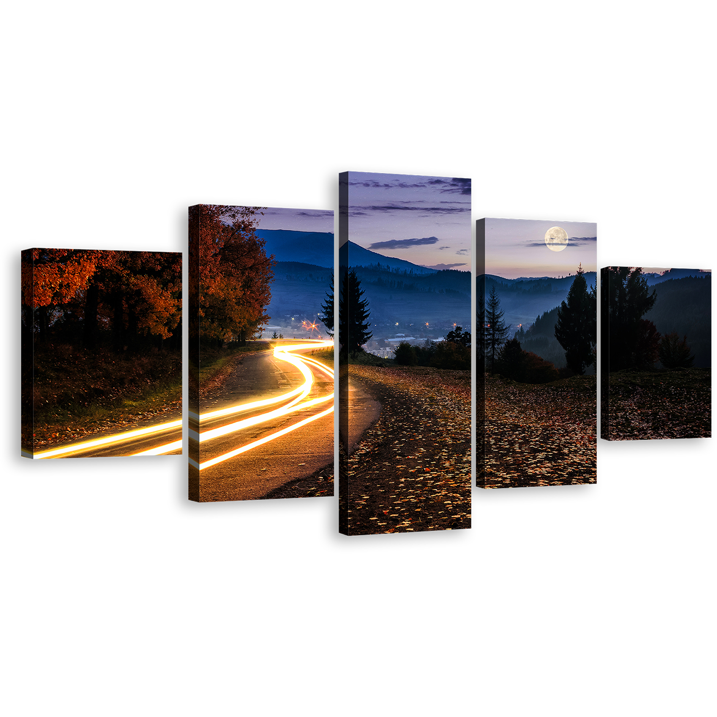 Autumn Landscape Canvas Wall Art, Yellow Car Light Trail 5 Piece Canvas, Countryside Road Blue Mountain Sky Canvas Print