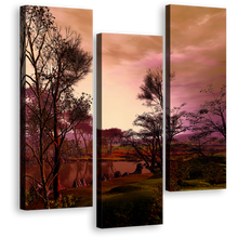 Load image into Gallery viewer, Autumn Scenery Canvas Wall Art, Orange Dusk Sky Landscape Triptych Multi Canvas Artwork, Evening Lake Brown Trees 3 Piece Canvas Print
