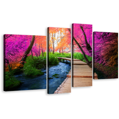 Autumn Scenery Canvas Wall Art, Path Trail Nature 4 Piece Canvas Set, Beautiful Colorful Wooden Path Forest Canvas Print