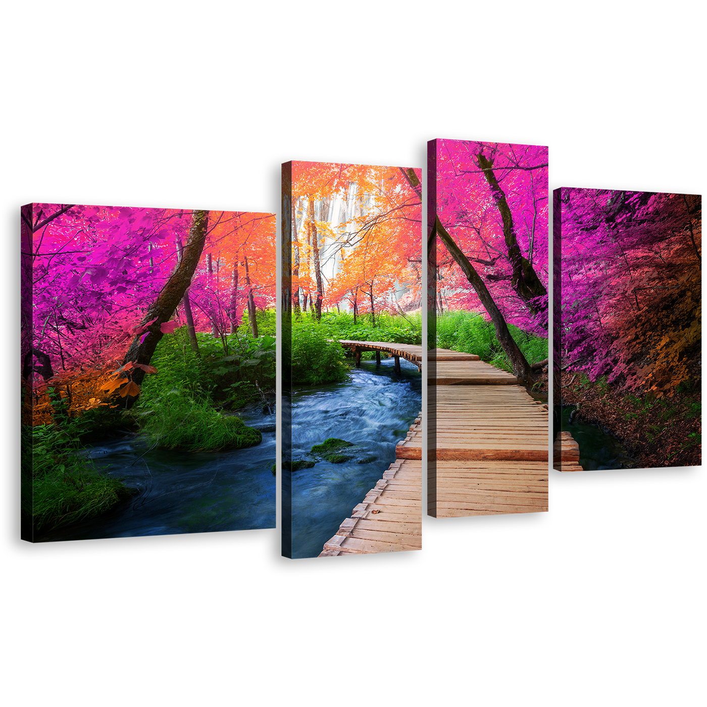 Autumn Scenery Canvas Wall Art, Path Trail Nature 4 Piece Canvas Set, Beautiful Colorful Wooden Path Forest Canvas Print