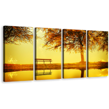 Load image into Gallery viewer, Autumn Tree Canvas Wall Art, Greenbelt Bench Orange River Canvas Print, Yellow Sunset River Lake 4 Piece Multi Canvas Artwork
