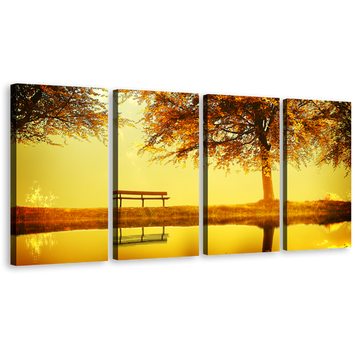 Autumn Tree Canvas Wall Art, Greenbelt Bench Orange River Canvas Print, Yellow Sunset River Lake 4 Piece Multi Canvas Artwork